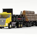 Yellow Heavy Duty Truck Transporting Logs On Multi Wheel Trailer