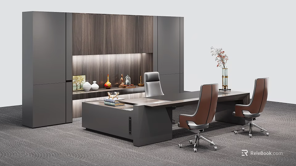 Modern Office Desk Setup With Leather Chairs Wooden Cabinets And Decorative Items 3d model 