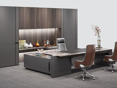 Modern Office Desk Setup With Leather Chairs Wooden Cabinets And Decorative Items 3d model