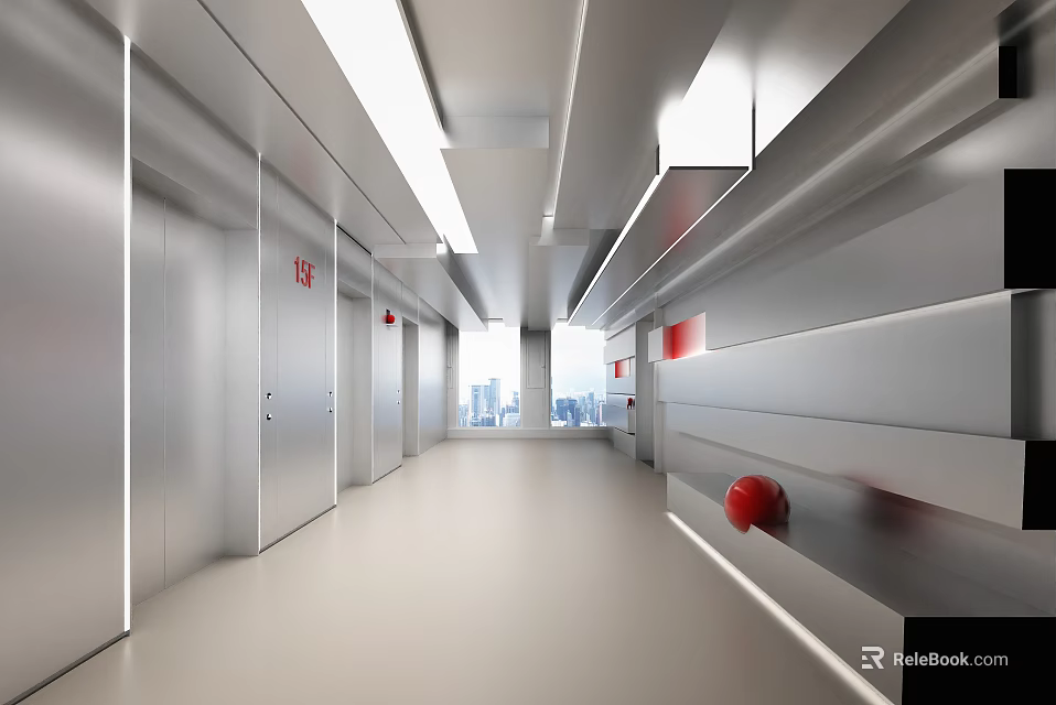 Modern Elevator Hallway With Sleek Metal Walls Red Accents And Cityscape 3d model 