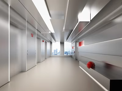 Modern Elevator Hallway With Sleek Metal Walls Red Accents And Cityscape 3d model