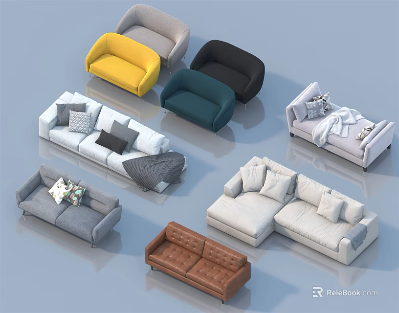 Modern Sofa Set Collection With Various Styles Different Colors And Comfortable Cushions 3d model