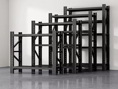 Black Metal Shelves With Multiple Different Heights Arranged Against White Wall And Gray Floor 3d model