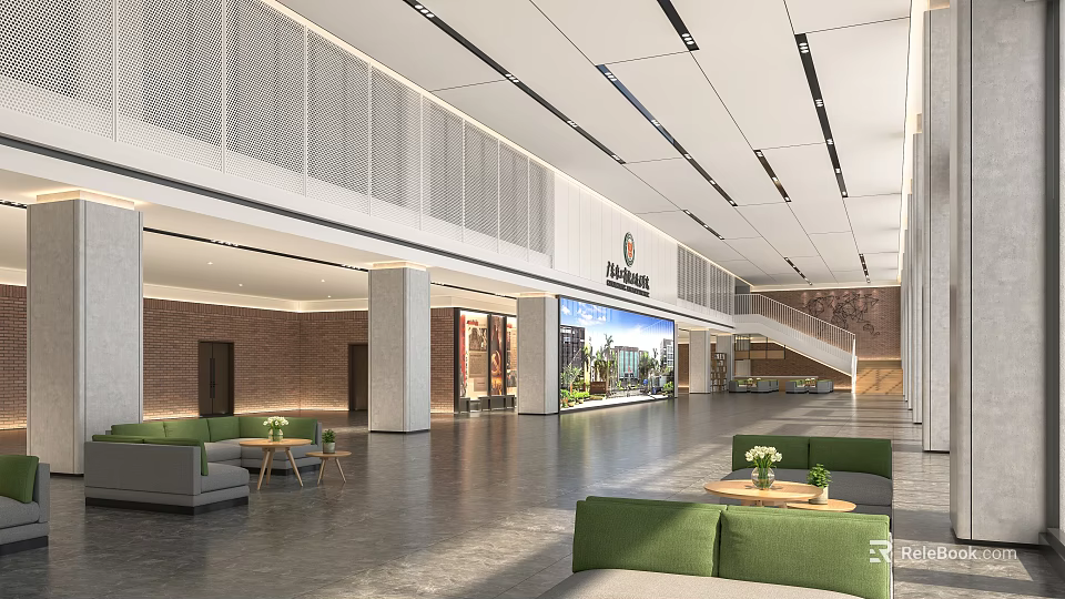 Modern Front Desk Reception Lobby with Green Sofas Coffee Tables and Ceiling Lighting 3d model