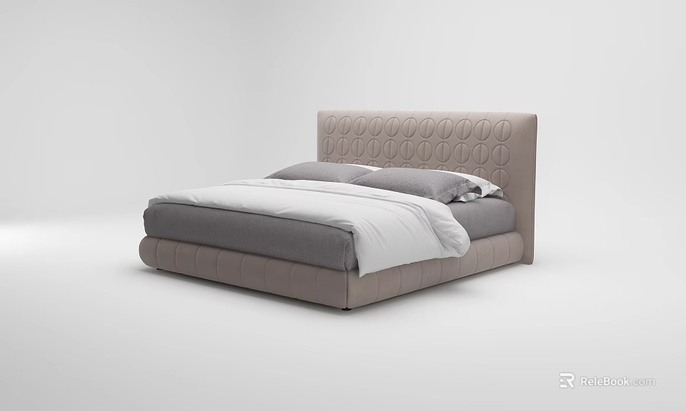 Modern Minimalist Double Bed With Circular Pattern Beige Headboard And Gray White Bedding 3d model