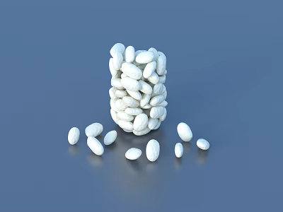 White Pills Stacked in Cylindrical Shape with Scattered Pieces on Blue Background 3d model