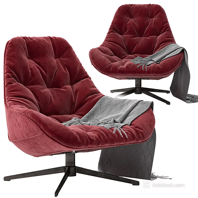 Plush Red Velvet Single Sofa with Gray Throw Blanket and Swivel Base 3d model 
