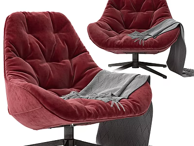 Plush Red Velvet Single Sofa with Gray Throw Blanket and Swivel Base 3d model
