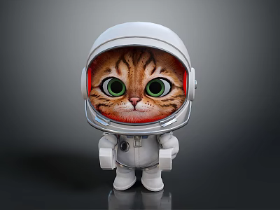 Cute Striped Cat Character In White Astronaut Helmet With Big Green Eyes 3d model