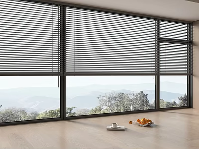 Modern Window Blinds On Large Windows With Scenic Mountain View And Wooden Floor 3d model