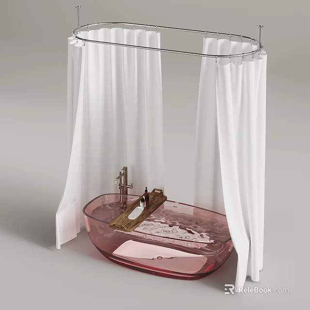 Elegant Pink Bathtub With White Shower Curtains Wooden Tray And Faucet 3d model 