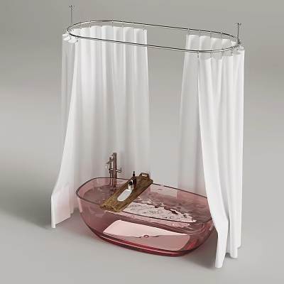 Elegant Pink Bathtub With White Shower Curtains Wooden Tray And Faucet 3d model