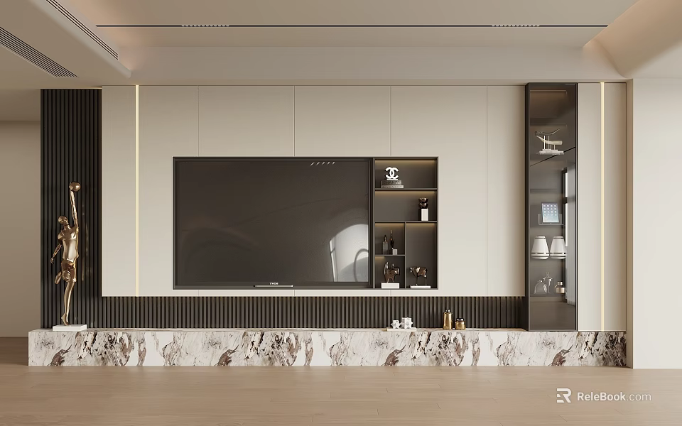 Minimalist TV Wall Design With White Cabinets Built In TV Marble Countertop Black Vertical Stripes 3d model 