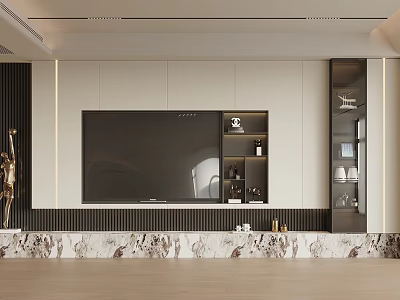Minimalist TV Wall Design With White Cabinets Built In TV Marble Countertop Black Vertical Stripes 3d model