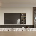 Minimalist TV Wall Design With White Cabinets Built In TV Marble Countertop Black Vertical Stripes