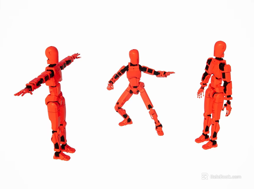 Three Orange Articulated Joint Figures In Various Dynamic Poses 3d model