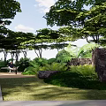 Tranquil Garden Landscape With Lush Trees Water Feature And Sunlit Pathway