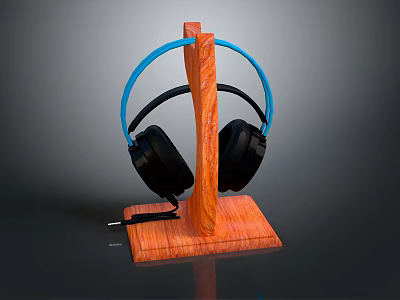 Stylish Wireless Headphones With Blue Headband And Black Earpads On Wooden Stand 3d model