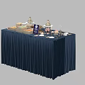 Navy Blue Tablecloth Dining Table With Cake Stands Desserts And Tableware 3d model