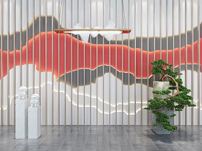 Modern Background Wall With Red And Gray Wavy Patterns Vertical Slats White Statues Green Plant 3d model