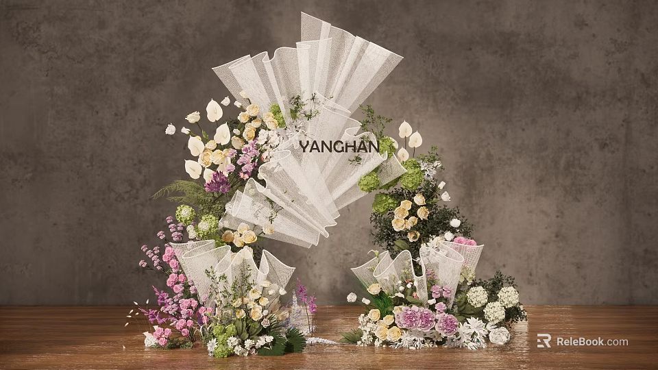 Banquet Hall Elegant Decoration with White Fan Shaped Floral Arch and Colorful Flowers 3d model 