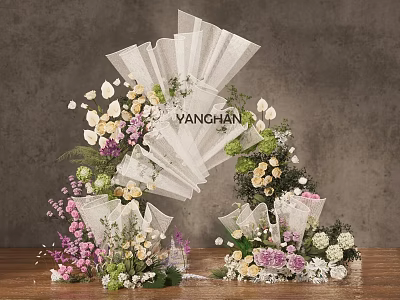 Banquet Hall Elegant Decoration with White Fan Shaped Floral Arch and Colorful Flowers 3d model