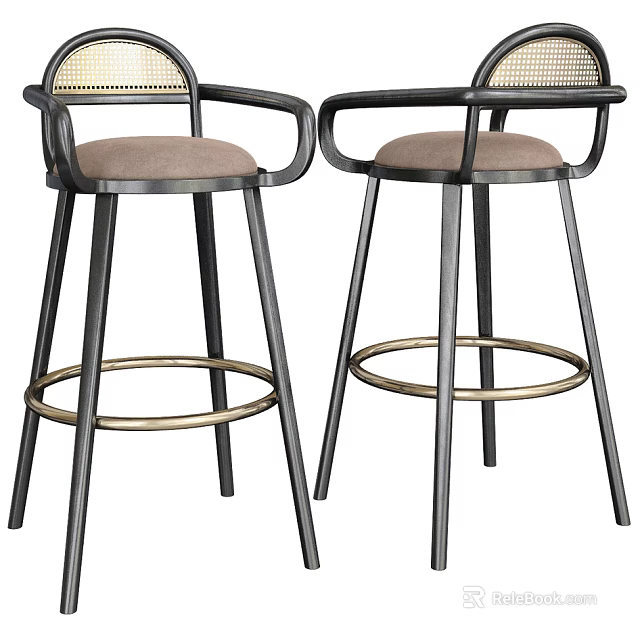 Modern Bar Stools With Armrests Light Brown Padded Seats Black Metal Frames And Golden Footrests 3d model 