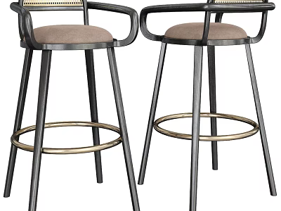 Modern Bar Stools With Armrests Light Brown Padded Seats Black Metal Frames And Golden Footrests 3d model