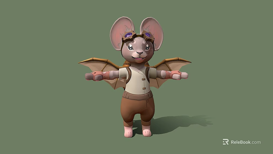 Cute Flying Animal Mouse With Goggles Brown Overalls White Shirt Outstretched Arms And Wings 3d model 