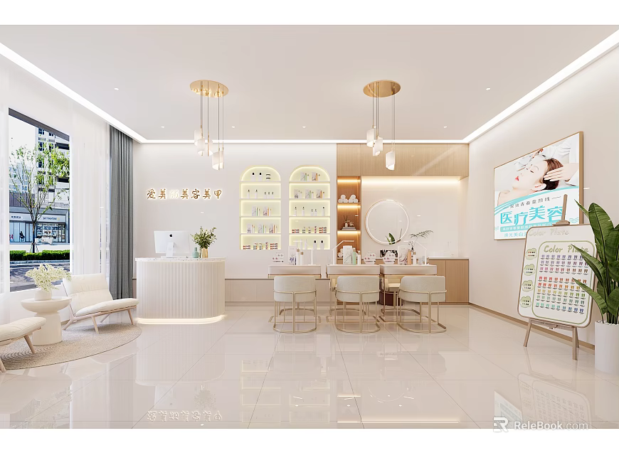 Bright Modern Beauty And Hair Salon Interior With Cozy Reception Seats And Neat Product Displays 3d model 