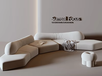 Modern Light Colored Curved Sectional Sofa With Stool And Throw Blanket 3d model