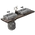 Rustic Double Washbasin Vanity With Marble Basins Wooden Countertop Stone Base And Flower Vase