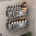 Space Saving Kitchen Wall Mounted Rack With Spice Bottles Oil Containers And Metal Shelves