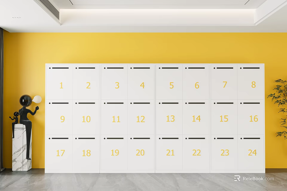 White Numbered Lockers Against Yellow Wall With Black Sculpture And Marble Base 3d model 