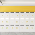 White Numbered Lockers Against Yellow Wall With Black Sculpture And Marble Base
