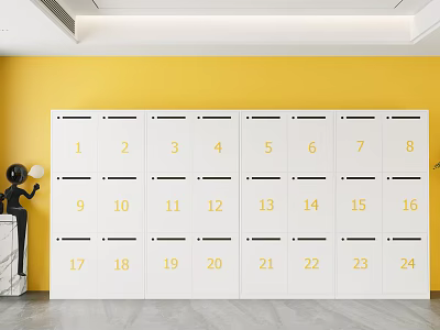 White Numbered Lockers Against Yellow Wall With Black Sculpture And Marble Base 3d model
