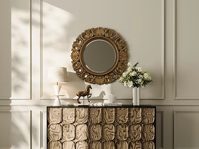 Elegant Entryway Cabinet Sideboard With Carved Design Ornate Mirror Table Lamp And White Flower Vase 3d model