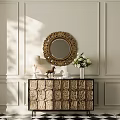 Elegant Entryway Cabinet Sideboard With Carved Design Ornate Mirror Table Lamp And White Flower Vase