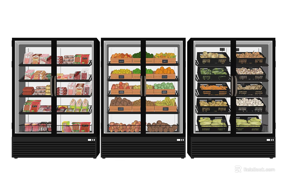 Commercial Glass Door Refrigerators Freezers With Various Foods Beverages Fruits And Vegetables 3d model 