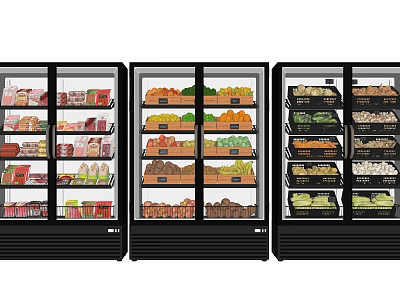 Commercial Glass Door Refrigerators Freezers With Various Foods Beverages Fruits And Vegetables 3d model