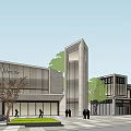 Modern Sales Office Building With Tower Structure Glass Curtain Walls Plaza And Trees