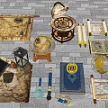 Ancient Exploration Items Collection With Maps Scrolls Astrolabe Books Lantern And Dagger