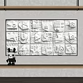 Wooden Framed Black White Geometric Abstract Collage Art with Lower Shelf Black Cartoon Figure
