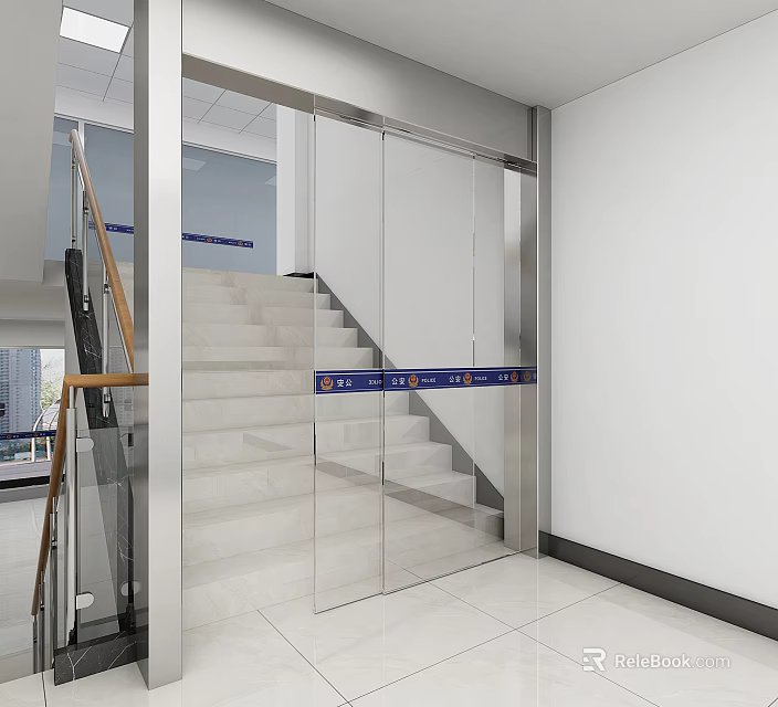 Modern Interior Featuring Glass Door Elevator And Staircase With White Tiles 3d model