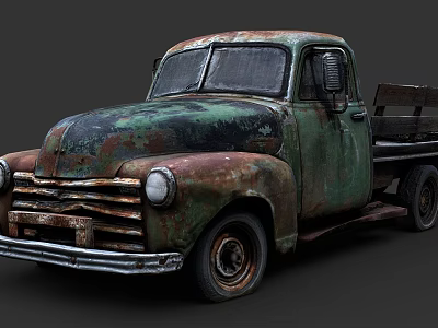 Vintage Rusted Green Truck With Weathered Exterior And Wooden Bed 3d model