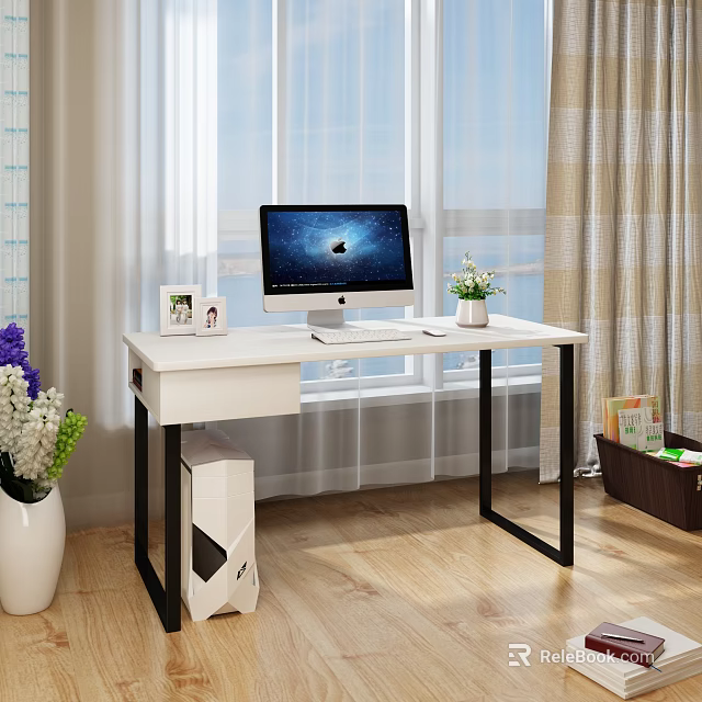 Modern Home Office Desk With Computer Monitor Photo Frame Potted Plant And Window Curtains 3d model 