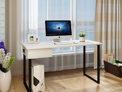 Modern Home Office Desk With Computer Monitor Photo Frame Potted Plant And Window Curtains 3d model