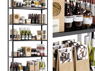 Assorted Alcohol Bottles And Packaged Food Items On Organized Display Shelves 3d model