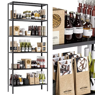 Assorted Alcohol Bottles And Packaged Food Items On Organized Display Shelves 3d model