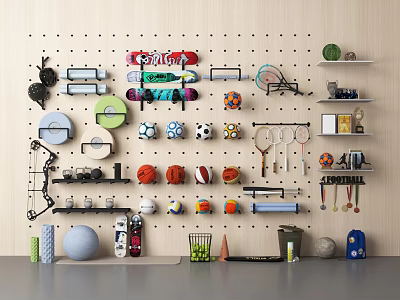 Organized Sports Equipment Arrangement on Wall Pegboard with Various Balls Rackets Dumbbells and Fitness Gear 3d model